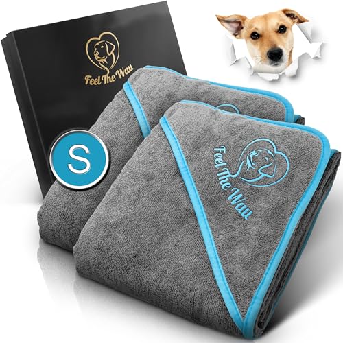 FeelTheWau Hundehandtuch extra saugfähig - Hundehandtuch für kleine Hunde - KUSCHELWEICH - Hunde Handtuch - Geschenk für Hundebesitzer (2er Pack 90x50cm, Grau/Türkis) von FeelTheWau