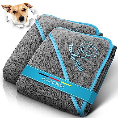 FeelTheWau Hundehandtuch kleine Hunde - 2er Set - Hundehandtuch Extra saugfähig - Hunde Handtuch mit Taschen - Beliebtes Geschenk Hundebesitzer - Design grau türkis - 90x50 cm von FeelTheWau