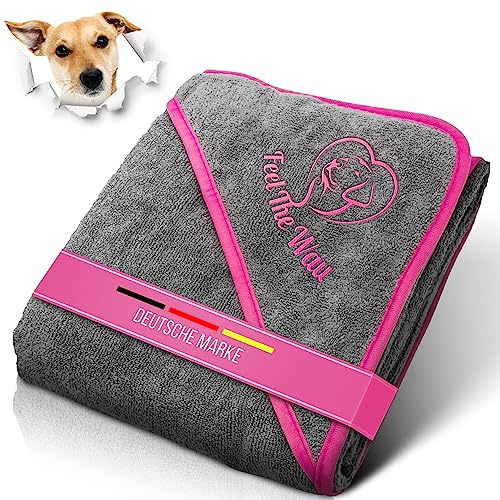 FeelTheWau Hundehandtuch kleine Hunde - Hundehandtuch Extra saugfähig - Für Waschmaschine und Trockner - Hunde Handtuch mit Taschen - Beliebtes Geschenk Hund - Design grau pink - 90x50 cm von FeelTheWau