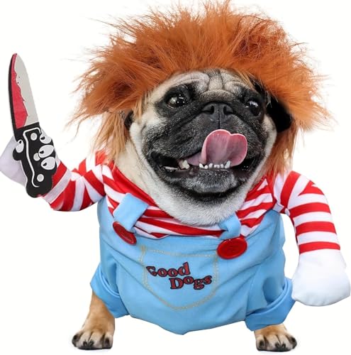 Chucky Hundekostüm mit Messer Perücke Gruseliger Pirat Welpenkostüm Haustier Tödliche Puppe Hundekostüm Lustiges Halloween Hund Verstellbares Kostüm für Haustier Kleine Mittelgroße Hunde Katzen von Fehodun