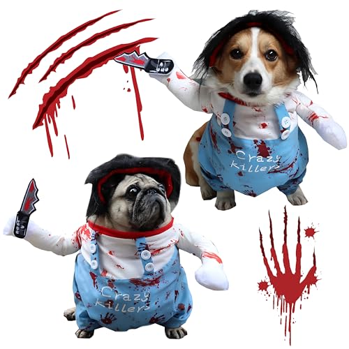 Haustier Tödliche Puppe Kostüm Chucky Kostüm mit Perücke und Messer Lustige Hundekostüme Weihnachten Halloween Cooles Haustierkostüm Neuheit Haustier Cosplay Kostüm für kleine mittlere große Hunde von Fehodun