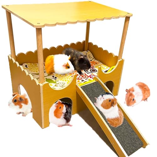 Großes Meerschweinchen-Versteck aus Holz, 2-stöckig, Meerschweinchen-Schloss mit Treppen und Matten, stabiles Holzhaus, Betthütte, Lebensräume, Chinchilla, Hamster, Spielzeug, Hase, Spielversteck, von Fejapa