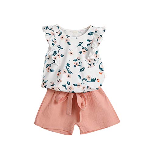 Felenny 3Pcs Kleinkind Mädchen Kleidung Set Hemd Shorts Gürtel Baumwolle Stoff Weiche Atmungsaktive Komfortable Sleeveless Ruffled Rundhals Floral Gedruckt für 1-8 Jahre Partei Täglichen von Felenny