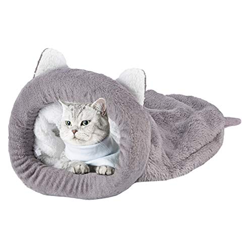 Katze Schlafsack Haustier Bett Katze Warm Gemütlich Bedeckt Selbsterwärmenden Kuschelsack Halb Überdachte Höhle für Katzen Welpen (L, Grau) von Felenny