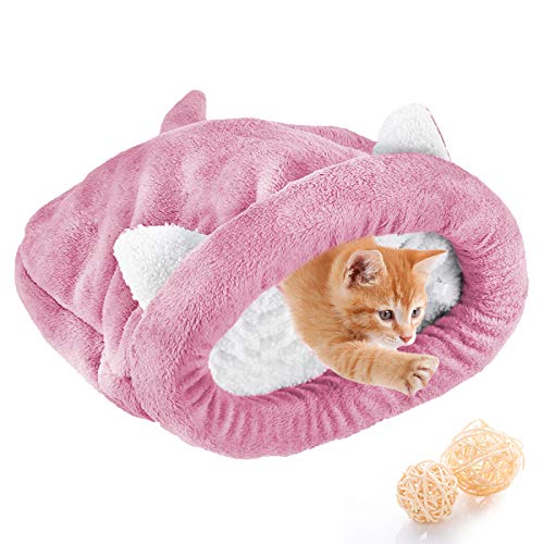 Katze Schlafsack Haustier Bett Katze Warm Gemütlich Bedeckt Selbsterwärmenden Kuschelsack Halb Überdachte Höhle für Katzen Welpen (M, Rosa) von Felenny