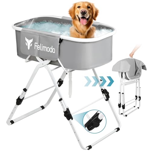 Tragbare Hundebadewanne, erhöhte, faltbare Haustierbadewanne, Premium-PVC-Hundewaschstation, Hundebadewanne, 5 verstellbare Höhen für kleine und mittelgroße Hunde, bis zu 63,5 kg, Grau von Felimoda