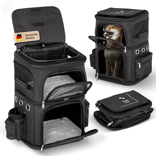 Felis Eck® Tiertransport Rucksack – für 1 oder 2 Haustiere – 56x35x26cm - herausnehmbare Trennung - bis 12kg Hunderucksack Katzenrucksack Hundetasche Hunde Wanderrucksack Katzentransporttasche von Felis Eck