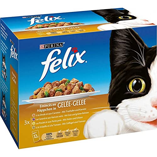 Felix Gehacktes Gelee für erwachsene Katzen, 4 Mix Geflügel & Gemüse, 12 Beutel à 100 g (8 Stück) von Felix Chats