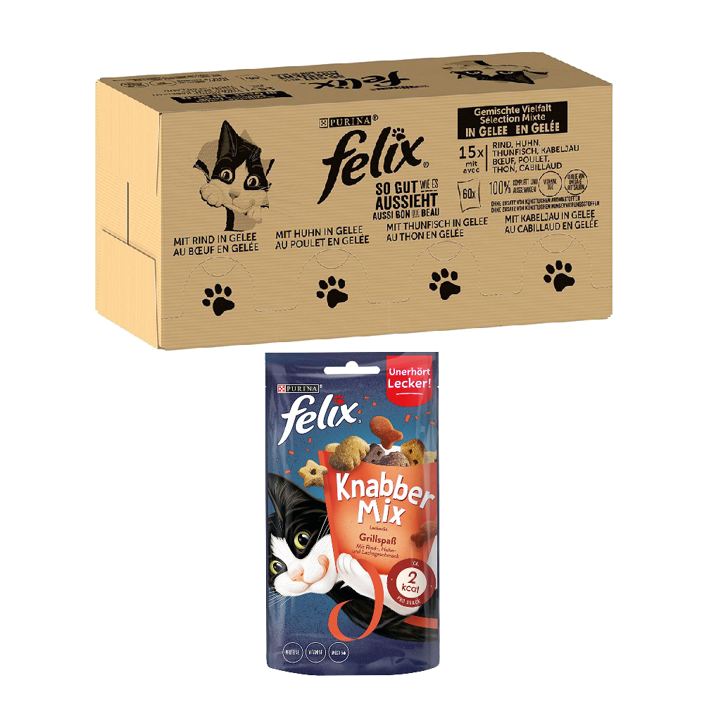 120 x 85 g Felix in Gelee + 60 g KnabberMix Grillspaß Snack gratis! - "So gut wie es aussieht" Gelee: Gemischte Vielfalt von Felix