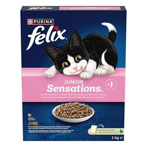 Felix Junior Sensations Katzenfutter trocken, aus Huhn und Truthahn, mit Milch und Gemüse, 5er Pack (5 x 1kg) von Felix