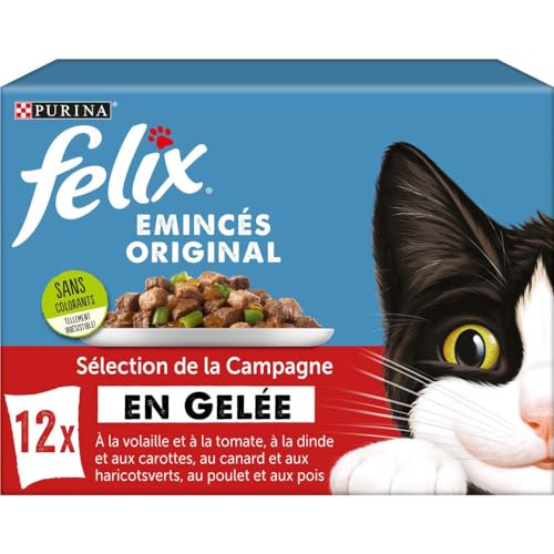 FELIX Gelee-Hackfleisch | ausgewachsene Katze | Auswahl an Huhn, Erbsen, Truthahn, Karotten, Geflügel-Tomaten, Ente und grüne Bohnen | 12 x 85 g | Frischebeutel von Felix