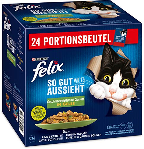 FELIX Katzennassfutter So gut wie es aussieht in Gelee Geschmacksvielfalt vom Land mit Gemüse, 4er Pack (4 x 24 x 85g) Portionsbeutel von Felix