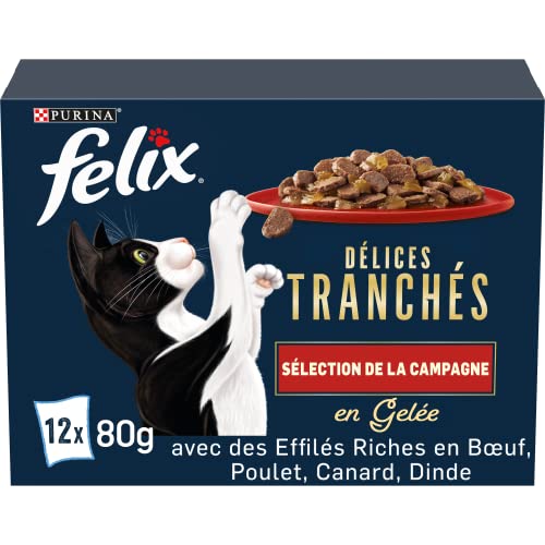 FELIX Landhaus-Delices in Scheiben | Katze | Gelee | Auswahl von Rind, Huhn, Ente und Truthahn | 12 x 80 g | Frischebeutel von Felix