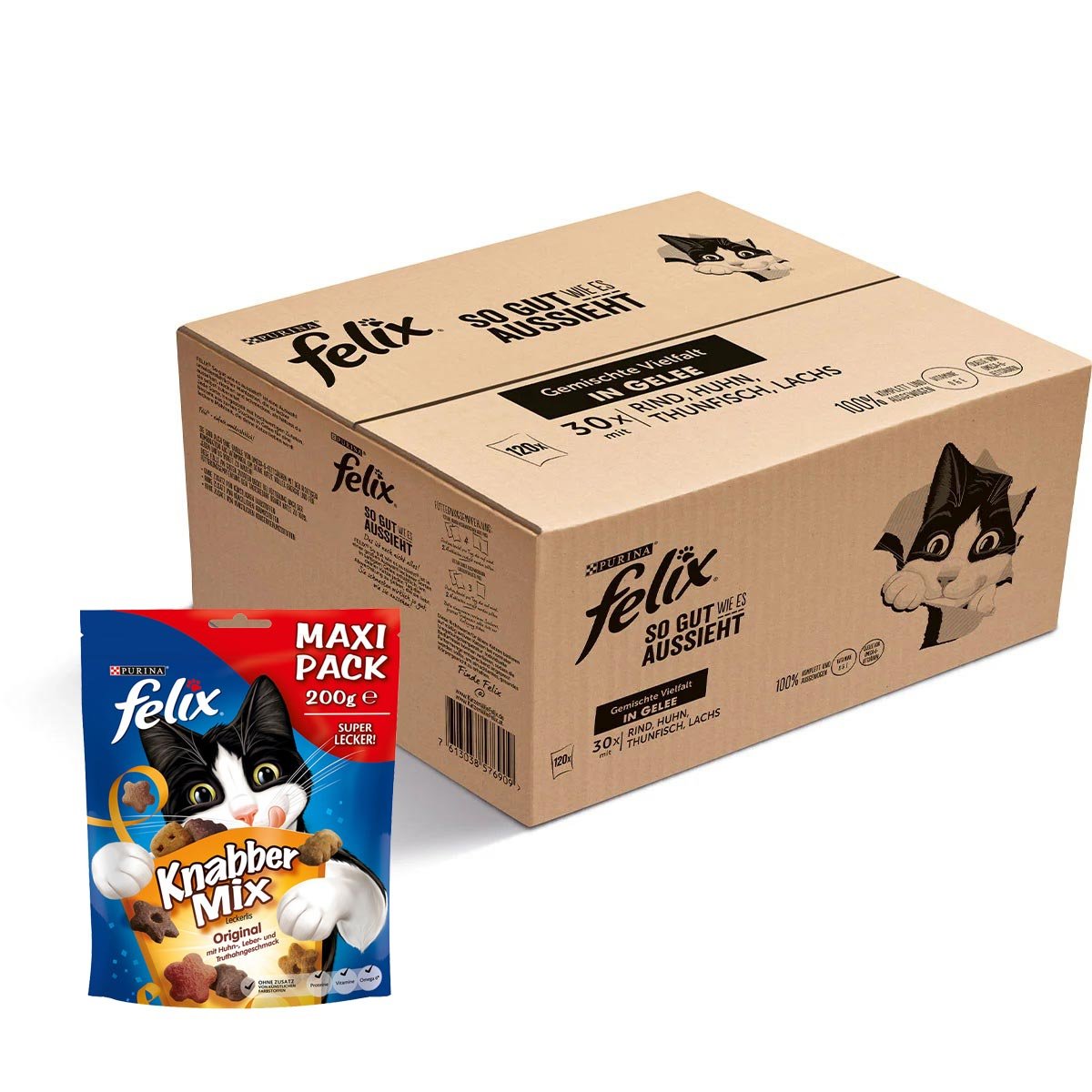 FELIX Sgwea in Gelee Gemischte Vielfalt 120x85g + FELIX Snack Huhn, Leber, Truthahn 200g gratis von Felix