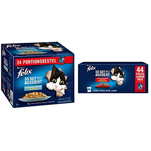 FELIX So gut wie es aussieht Katzenfutter nass in Gelee, Fisch Sorten-Mix, 4er Pack (4 x 24 Beutel à 85g) & So gut wie es aussieht Katzenfutter nass in Gelee, Sorten-Mix, 44er Pack (44 x 85g) von Felix