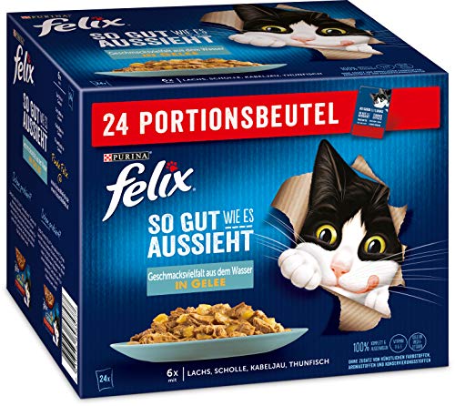 FELIX So gut wie es aussieht Katzenfutter nass Geschmacksvielfalt aus dem Wasser in Gelee mit Lachs, Scholle, Kabeljau und Thunfisch, 4er Pack (4 x 24 Beutel à 85g) von Felix