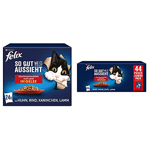 FELIX So gut wie es aussieht Katzenfutter nass in Gelee, Sorten-Mix, 4er Pack (4 x 24 Beutel à 85g) & So gut wie es aussieht Katzenfutter nass in Gelee, Sorten-Mix, 44er Pack (44 x 85g) von Felix