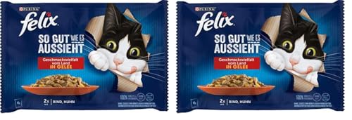 FELIX So gut wie es aussieht Katzenfutter nass in Gelee, mit Huhn & Rind, 24er Pack (12 x 4 Beutel à 85g) von Felix