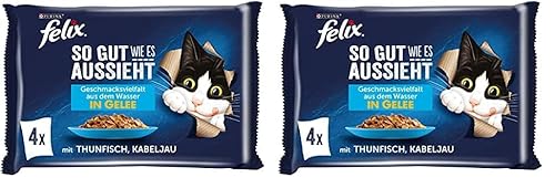 FELIX So gut wie es aussieht Katzenfutter nass in Gelee, mit Thunfisch & Kabeljau, 24er Pack (12 x 4 Beutel à 85g) von Felix