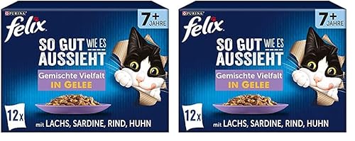 FELIX So gut wie es aussieht Senior Katzenfutter nass in Gelee, Sorten-Mix, 12er Pack (6 x 12 Beutel à 85g) Rind, Lachs, Huhn Sardine von Felix