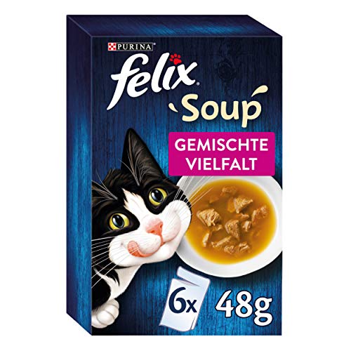 FELIX Soup, Suppe für Katzen mit zarten Stückchen, Sorten-Mix, 8er Pack (8 x 6 Beutel à 48g) von Felix