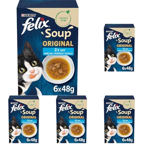 FELIX Soup Original mit Kabeljau, Thunfisch, Scholle Katzennassfutter 6x48g Portionsbeutel (Packung mit 5) von Felix