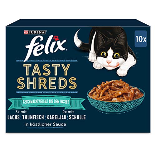 FELIX Tasty Shreds Katzenfutter nass in Sauce, Geschmacksvielfalt aus dem Wasser, 6er Pack (6 x 10 x 80g) von Felix