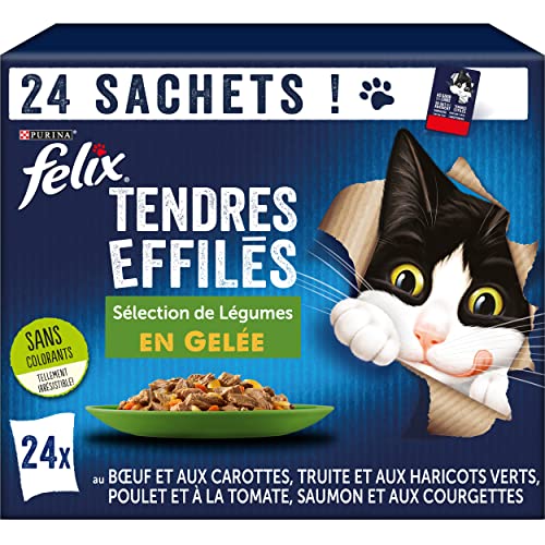 FELIX Zarte Gelee | ausgewachsene Katze | Auswahl an Rindfleisch, Lachs, Huhn und Forelle mit Gemüse | 24 x 85 g | Frischebeutel von Felix