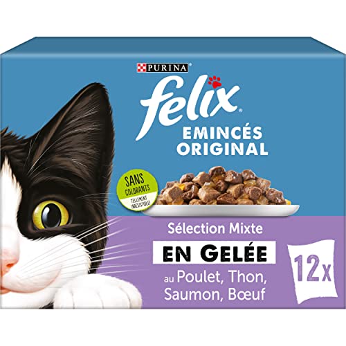 FELIX Gelee gehackt | ausgewachsene Katze | Auswahl an Rind, Lachs, Huhn, Thunfisch | 12 x 85 g | Frischebeutel von Felix