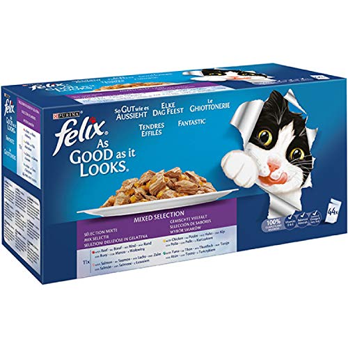 Felix Katzennassfutter Gelee Gemischte Vielfalt 44 x 100 g Multipack Premium Portionsbeutel von Felix