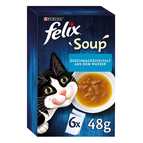 Felix Katzennassfutter Soup Geschmacksvielfalt aus dem Wasser mit Kabeljau, Thunfisch, Scholl, 8er Pack (6 x 48 g) Portionsbeutel von Felix