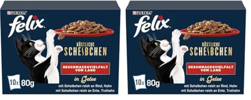 Felix Köstliche Scheibchen Katzenfutter nass in Gelee, Geschmacksvielfalt vom Land, 12er Pack (6 x 10 Beutel à 80g) von Felix