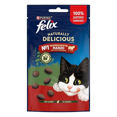 Felix Naturally Delicious Snack für Erwachsene Katzen, Rindfleisch 1. Zutat & Goji-Beere, 8 Packungen à 50 g von Felix