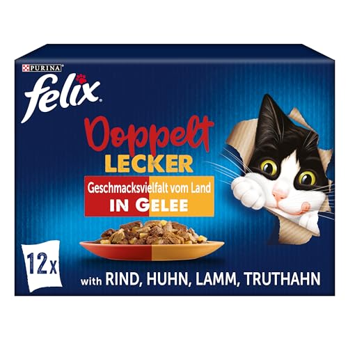 PURINA FELIX Doppelt Lecker Geschmacksvielfalt vom Land in Gelee Katzennassfutter 12x85g Portionsbeutel von Felix