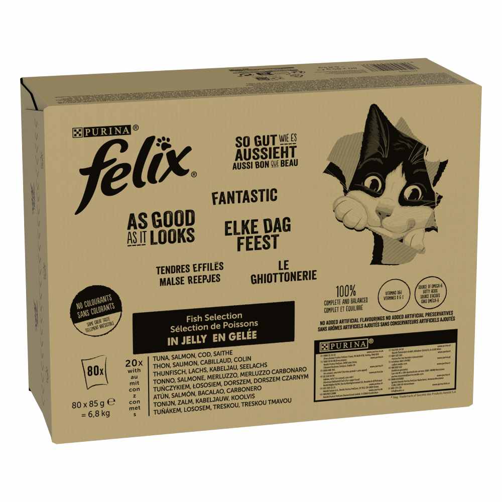 Megapack Felix "So gut wie es aussieht" Pouches 80 x 85 g - Fisch Mixpaket 1 (Thunfisch, Lachs, Kabeljau, Seelachs) von Felix