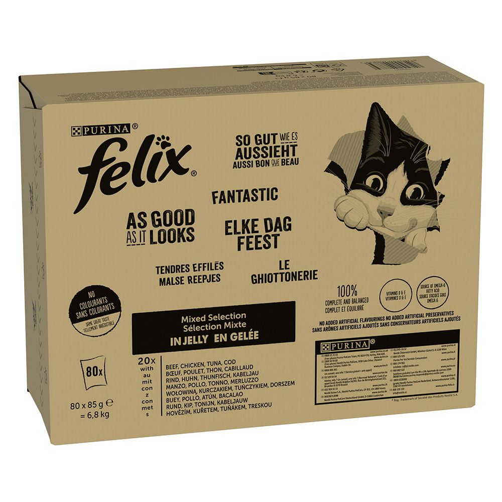 Megapack Felix "So gut wie es aussieht" Pouches 80 x 85 g - Fleisch Mixpaket 2 (Rind, Huhn, Thunfisch, Kabeljau) von Felix