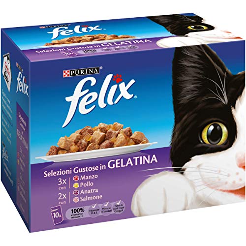 PURINA FELIX Feuchte Katze Selektionen in Gelee mit Rind, mit Huhn, mit Ente und Lachs - 60 Beutel à 100g je 100g (6 Packungen à 10 x 100 g) von Felix