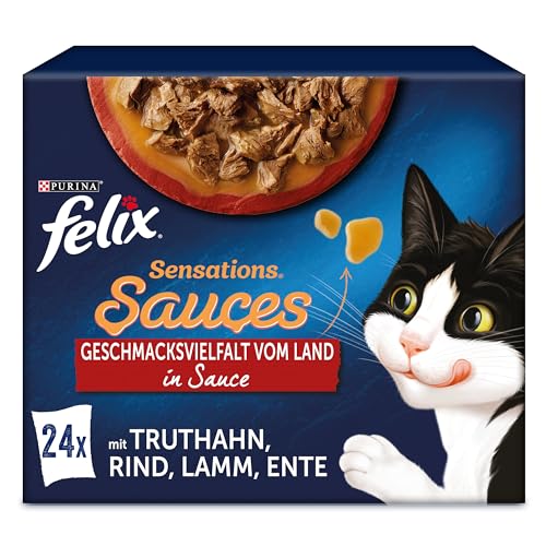 PURINA FELIX Sensations Saucen Geschmacksvielfalt vom Land Katzennassfutter 24x85g Portionsbeutel von Felix