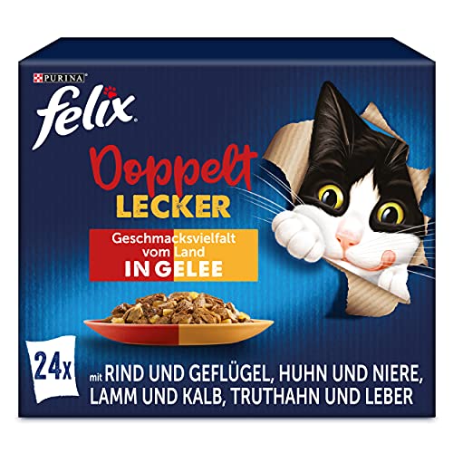 PURINA FELIX So gut wie es aussieht Doppelt Lecker in Gelee Geschmacksvielfalt vom Land Katzennassfutter 24x85g Portionsbeutel von Felix