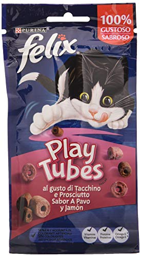 Purina Felix Katzensnack Play Tubes – 8 Packungen à 50 g für ausgewachsene Katzen – Katzensnack mit Truthahn und Schinken von Felix