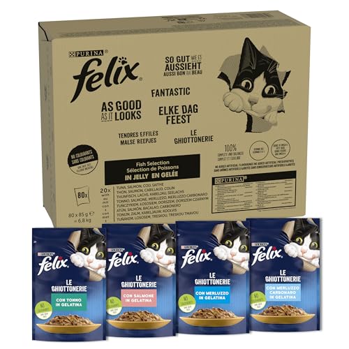 Purina Felix Leckerlis Nassfutter für Katzen mit Thunfisch, Lachs, Kabeljau, Kabeljau, 80 Beutel à 85 g von Felix