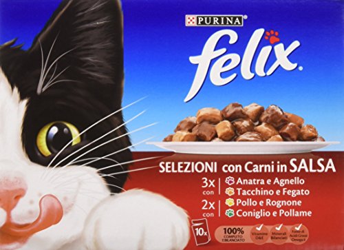 Purina Felix Nassfutter für Katzen, Auswahl in Sauce mit Ente und Lamm, mit Truthahn und Leber, mit Huhn und Rognon und Kaninchen und Geflügel, 60 Beutel à 100 g von Felix