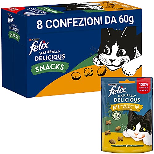 Purina Felix Naturally Delicious Katzensnack mit Huhn und einem Hauch von Katzengras, 8 Beutel à 50 g von Felix