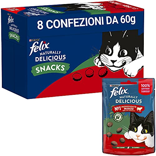 FELIX Naturally Delicious Snack für Erwachsene Katzen, reich an Rindfleisch mit Goji-Beere, 8 Packungen à 50 g von Felix