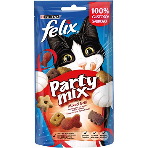 Purina Felix Party Mix Katzensnack Mixed Grill mit Rind, Huhn und Lachs, 8 Packungen à 60 g von Felix