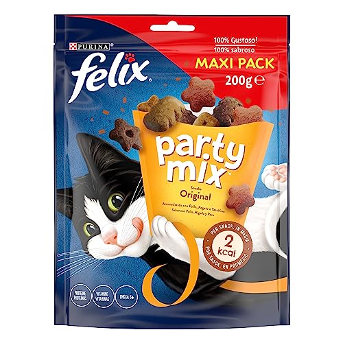 Purina Felix Party Mix Original, Snack, Leckerbissen für Katzen mit Huhn, Feigenfleisch und Truthahn, Maxipack, 5 Beutel à 200 g von Felix