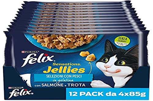 Purina Felix Sensations Jellies Nassfutter für Katzen mit Lachs im Gelee mit ungesunde Gelee und Forelle in Gelee und Spinat, 48 Beutel à 85 g von Felix