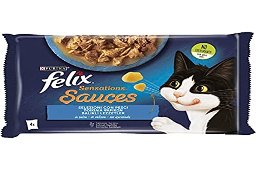 Purina Felix Sensations Sauces Nassfutter für Katzen mit Lachs in Garnelensauce und mit Sardinen in Sauce mit Karotten, 4 Beutel à 85 g von Felix