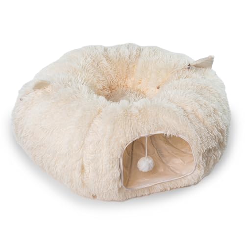 Fellbuddy's Katzenbett & Katzenhöhle – Flauschiges Katzenzubehör mit Katzentunnel, Spieltunnel & Krabbeltunnel, gemütliches Katzenkissen & UV-Leuchtfunktion (Creme - flauschig) von Fellbuddy's