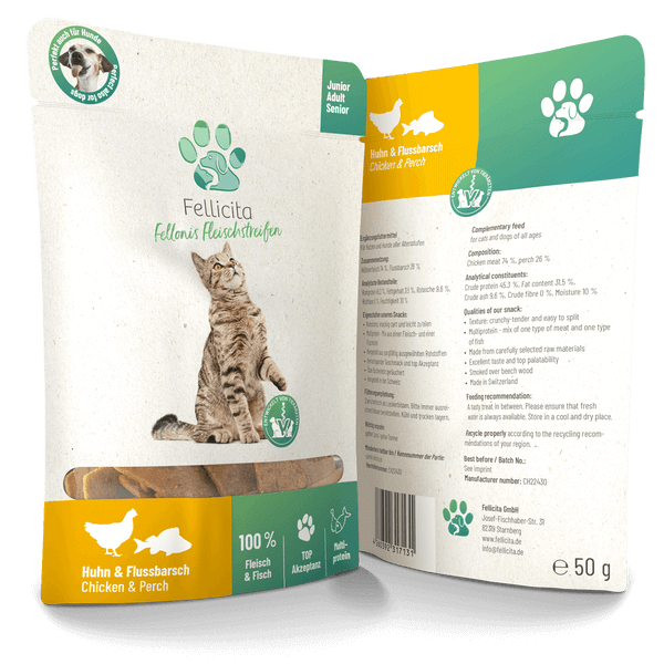 Fellicita Fellonis Katzensnacks Fleischstreifen Huhn und Flussbarsch 50g von Fellicita